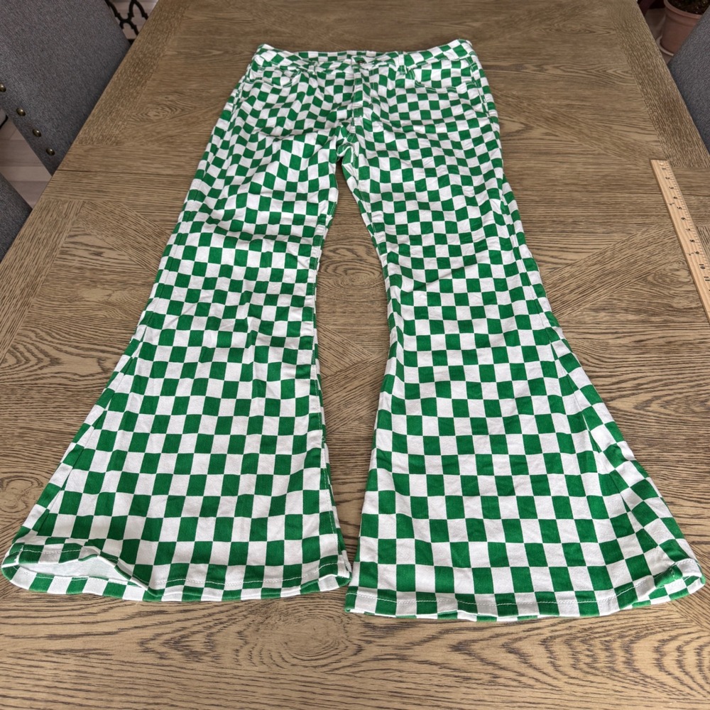 Green White St Patricks Novelty Checkered Flare Pants  High Waisted Retro Sz 16
